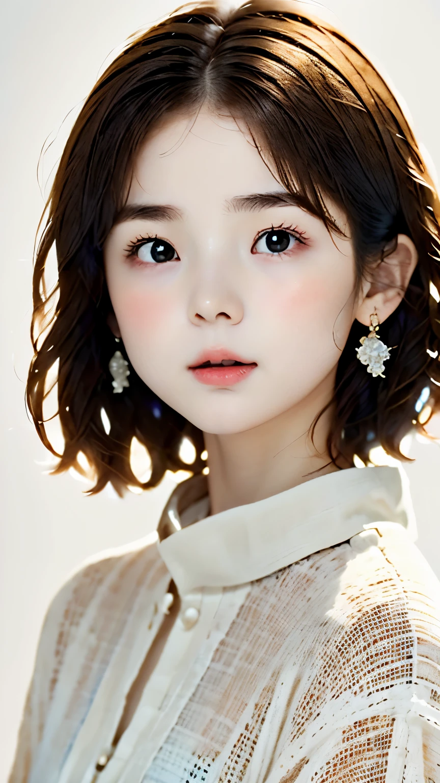 Portrait、master piece:1.3、one girl、、natural look、Very cute、brown hair、short bob、small red earrings、plump lips、no makeup、white t-shirt、focus on face、highest quality、high resolution、Super detailed、High quality、Detailed details、8k、(((blurred background、white wall、white background、a white world、flower illustration、flower illustrationの壁、壁にflower illustration、flower illustrationが描いてある壁、photography studio:1.5、cinematic lighting、professional photographer)))