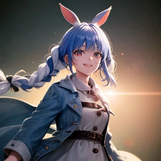 (shape: Used Pecora), Bunny girl, blue hair, twin braids, girl, alone, {{masterpiece}}, highest quality, Highly detailed CG Unity 8k wallpaper, cinematic lighting, Lens flare, beautiful detail eyes, side line, colorful light, particle, (colorful:1.5), (colorful hair:1.5),smile,coat