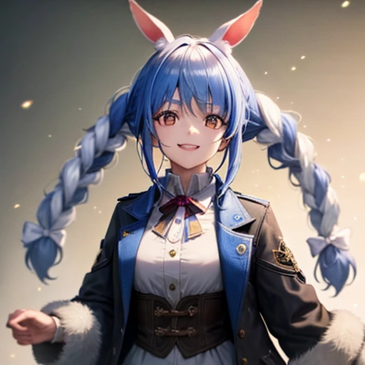 (shape: Used Pecora), Bunny girl, blue hair, twin braids, girl, alone, {{masterpiece}}, highest quality, Highly detailed CG Unity 8k wallpaper, cinematic lighting, Lens flare, beautiful detail eyes, side line, colorful light, particle, (colorful:1.5), (colorful hair:1.5),smile,coat