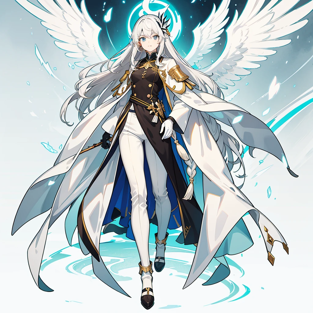 solo male, white hair, long hair, grey eyes, white armor, angel wings, white pants, white gloves, full body view
