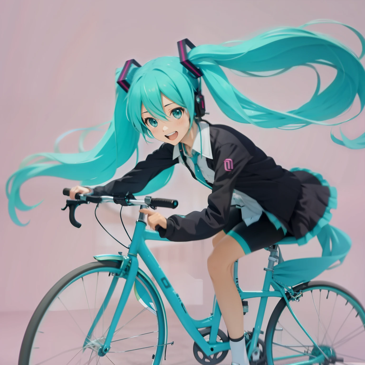 A cute Hatsune Miku is riding her bicycle along the Shimokawa embankment surrounded by cherry blossom trees in her .Cyber ​​uniform, you can see a little bit of cute panties from the skirt,smile