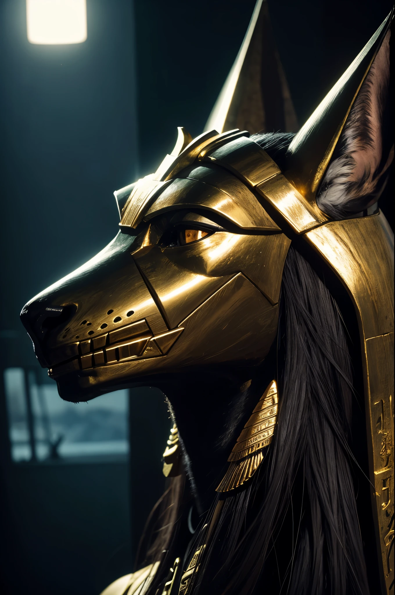 8K,(god of egypt),Anubis personification,ultra high resolution,Super realistic,wilderness,Remains, rich colors, Backlight, cinematic lighting, film grain, RAW, 50mm lens,nikon D850,Colorful black Anubis mask,