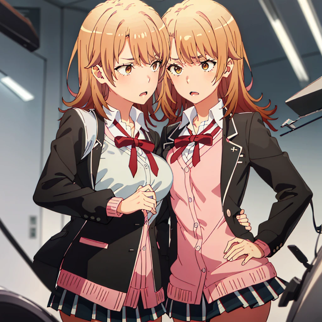 Selfcest,(2girls:1.2),angry,upset,embarassed,(symmetrical_docking:1.8),(asymmetrical_docking:1.8),best quality, masterpiece, highres, , {isshiki_iroha_yahariorenoseishunlovecomewamachigatteiru:1.5}, brown_hair, short_hair, blazer, brown_eyes,bangs, (black_jacket:1.2), collared_shirt, jacket, neck_ribbon, red_ribbon, ribbon, school_uniform, shirt, (sobu_high_school_uniform:1.2), upper_body, white_shirt, blush, cardigan,( pink_cardigan:1.2),medium_breasts,Unaligned_Breasts,(breast_press:1.5),Disgusted Face,(yuri:1.5)