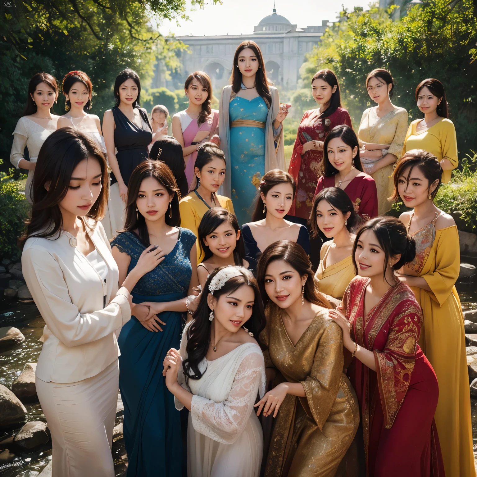 10 women, vibrant colors, diverse ethnicities, elegant poses, detailed facial features, lively expressions, flowing dresses, natural backgrounds, soft lighting, oil painting style, high resolution.