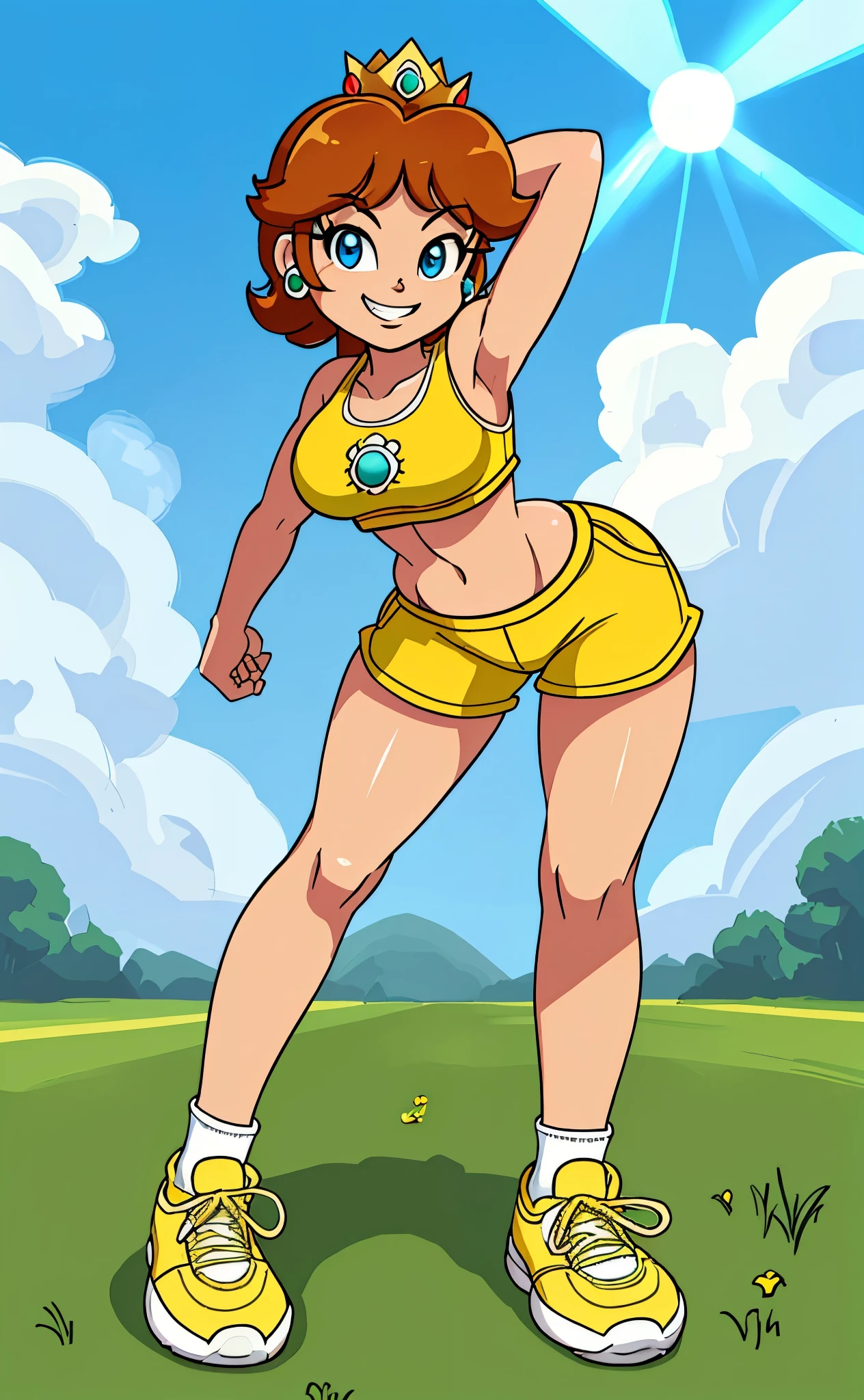 [daisy], [Princess_Daisy], ((masterpiece)), ((HD)), ((high res)), ((solo portrait)), ((front view)), ((feet visible)), ((anime)), ((detailed soft shading)), ((beautiful render art)), ((intricate details)), {daisy; (tanned skin), short brunette hair, (cute blue eyes), (small boobs), (defined muscles), (curvy hips), (beautiful legs), (cute excited grin)}, {(yellow tank top), (yellow jogger short shorts), (white and yellow sneakers), (green pendant)}, {(standing), (hands behind head), (looking at viewer)}, [Background; (park), (grass plains), (sun rays), (blue sky), (ambient lighting)]