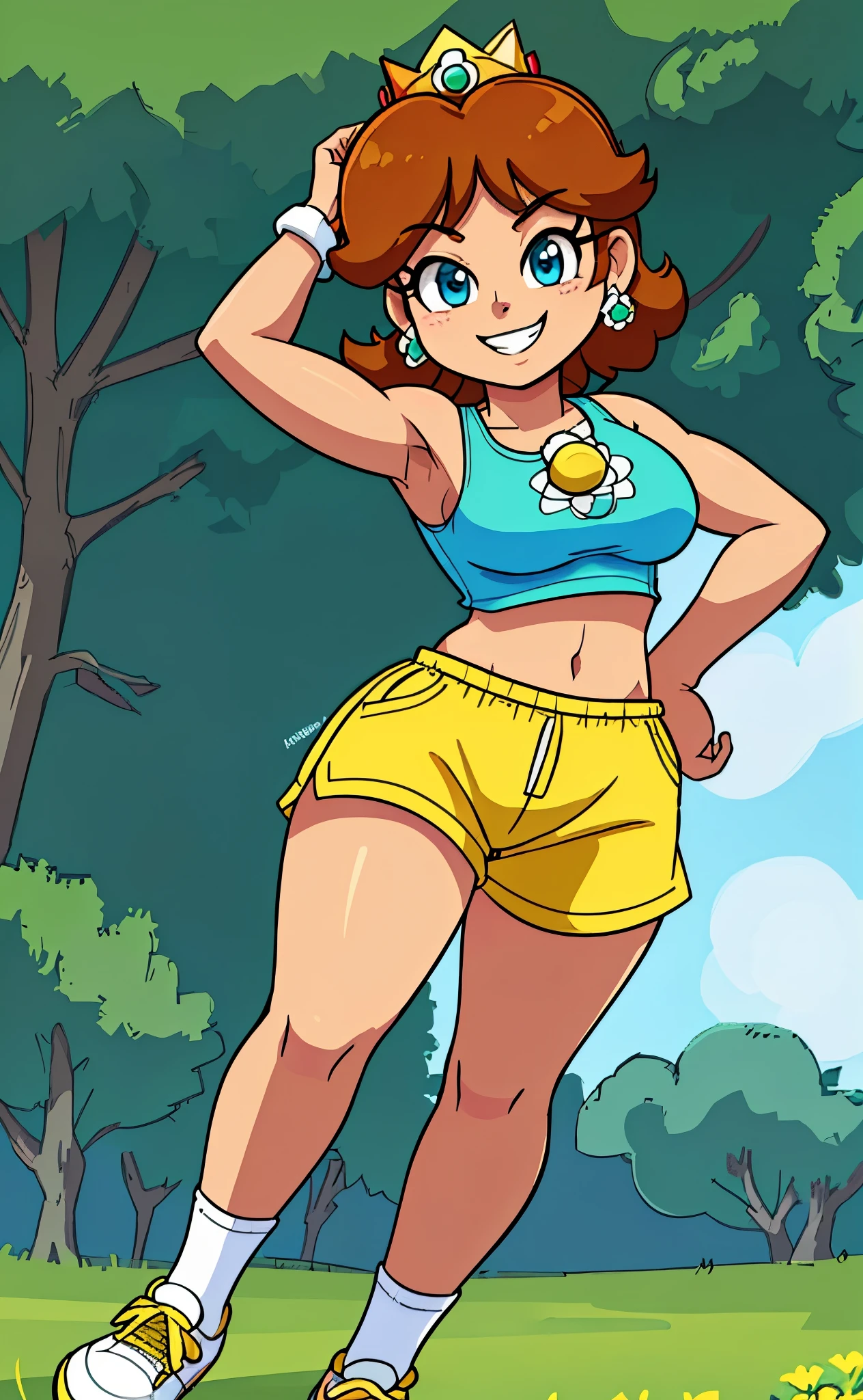 [daisy], [Princess_Daisy], ((masterpiece)), ((HD)), ((high res)), ((solo portrait)), ((front view)), ((feet visible)), ((anime)), ((detailed soft shading)), ((beautiful render art)), ((intricate details)), {daisy; (tanned skin), short brunette hair, (cute blue eyes), (small boobs), (defined muscles), (curvy hips), (beautiful legs), (cute excited grin)}, {(yellow tank top), (yellow jogger short shorts), (white and yellow sneakers), (green pendant)}, {(standing), (hands behind head), (looking at viewer)}, [Background; (park), (grass plains), (sun rays), (blue sky), (ambient lighting)]