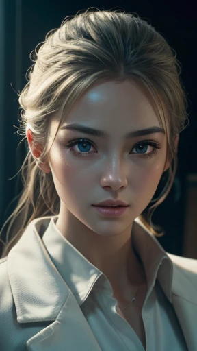 best image quality, masterpiece level, ultra high resolution, realism, fantasy theme, close up of head, first person perspective, Get detailed interior lighting and cinematic lighting, Increase detailed overall ambient light, face and eye details, Improve Face Detail realism, Clear and sharp focus ground, sony master lens.wearing a white coat、scientist、