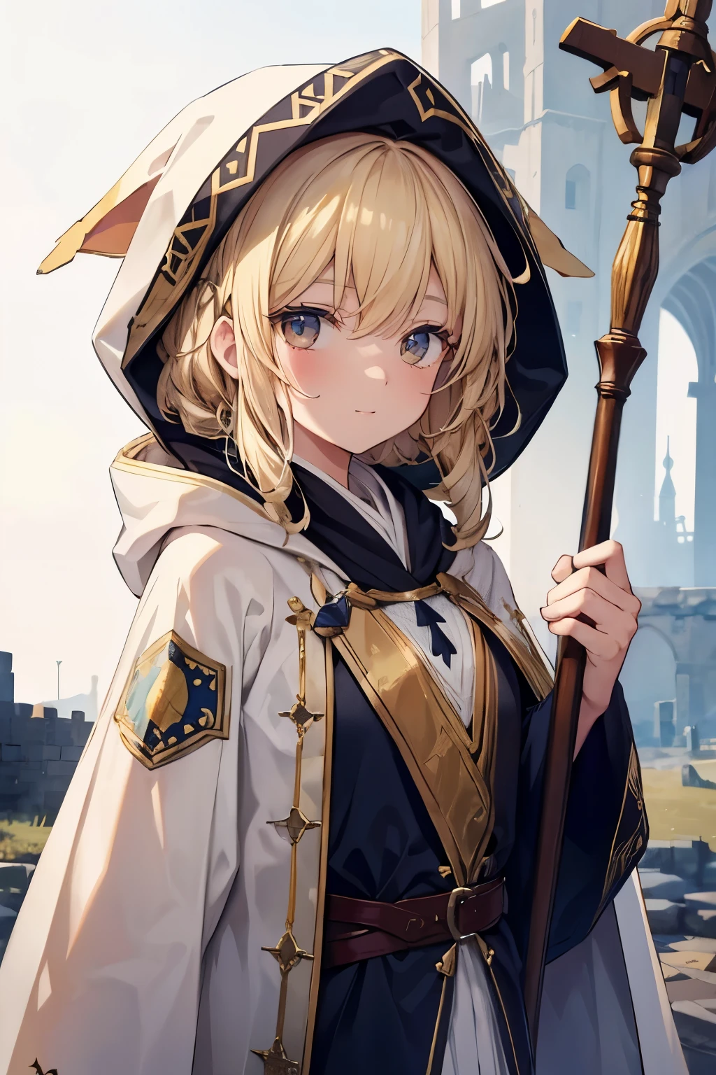 a european girl,hood,cloak,blonde,shepherd's clothes,shepherd's staff,old peasant robe,Wearing patches on clothes,Smile
