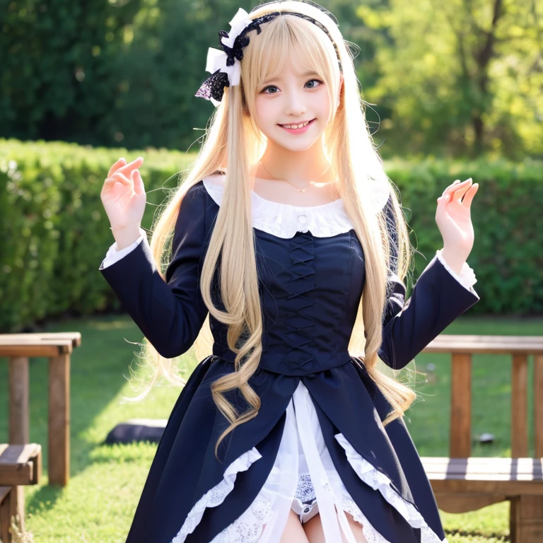 beautiful long blonde hair Slender Beautiful Girl gothic ta clothes garden blue eyes lift up skirt black panties standing ceremony Beautiful smile White headdress hands behind