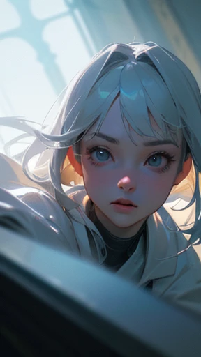 best image quality, masterpiece level, ultra high resolution, realism, fantasy theme, close up of head, first person perspective, Get detailed interior lighting and cinematic lighting, Increase detailed overall ambient light, face and eye details, Improve Face Detail realism, Clear and sharp focus ground, sony master lens.wearing a white coat、scientist、
