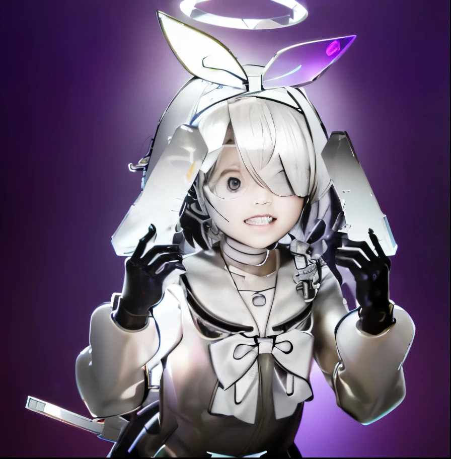 top-quality、masterpiece、超A high resolution、(Photorealsitic:1.4)、Raw photo、女の子1人、Black hair、((Below the neck an all-mechanical skeleton with no skin:1.4))、(((Colorless transparent latex with glamorous female shape covering the body of the machine:1.4)))、((Large transparent resin nipples:1.4))、((super realistic details))、portlate、globalillumination、Shadow、octan render、8K picture quality、ultrasharp、((All mechanical metals are mirrored silver plated.:1.4))、Details of complex ornamentechanical skeleton、Vascular in the tube、highly intricate detail、Realistic light、CGSoation Trends、a purple eye、radiant eyeacing the camera、neon details、Limbs of the machine、Mechanical vertebrae、Mechanical neck、sitting on、Wires and cables connecting to the head、Gundam、Small LED lamp、(Purple lighting from behind:1.2)、