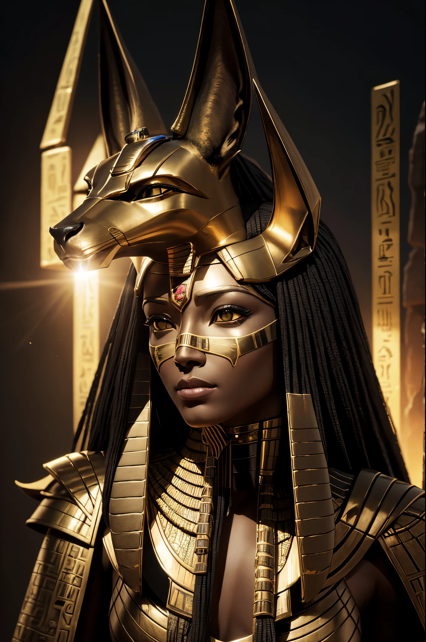 8K,(god of egypt),Mature female Anubis personification,ultra high resolution,Super realistic,wilderness,Remains, rich colors, Backlight, cinematic lighting, film grain, RAW, 50mm lens,nikon　D850,Colorful black Anubis mask,beautiful body,sexy,
