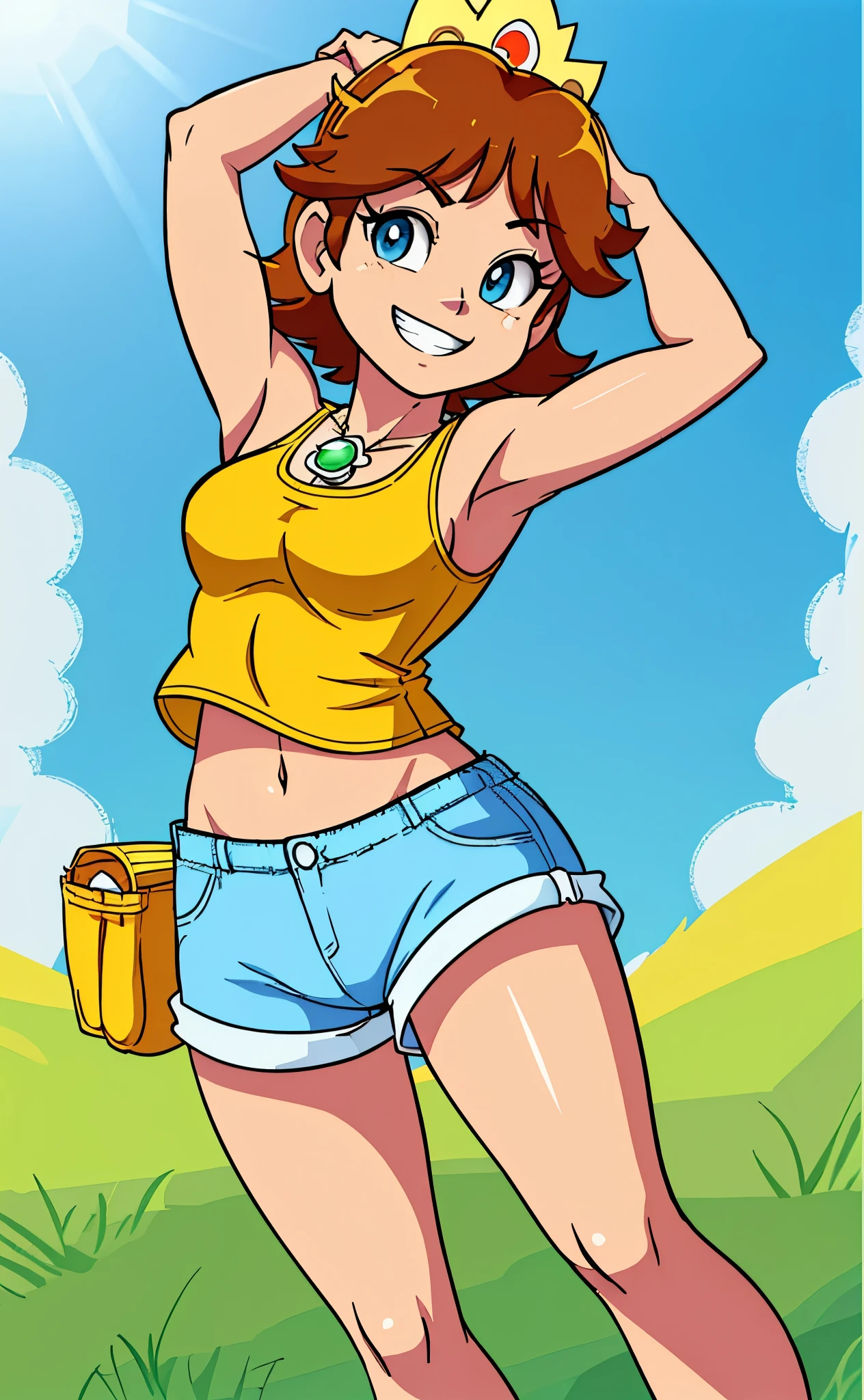 [daisy], [Princess_Daisy], ((masterpiece)), ((HD)), ((high res)), ((solo portrait)), ((front view)), ((feet visible)), ((anime)), ((detailed soft shading)), ((beautiful render art)), ((intricate details)), {daisy; (tanned skin), short brunette hair, (cute blue eyes), (small boobs), (defined muscles), (curvy hips), (beautiful legs), (cute excited grin)}, {(yellow tank top), (navel), (yellow jean shorts), (white and yellow sneakers), (green pendant), (yellow bag)}, {(standing), (hands behind head), (looking at viewer)}, [Background; (park), (grass plains), (sun rays), (blue sky), (ambient lighting)]