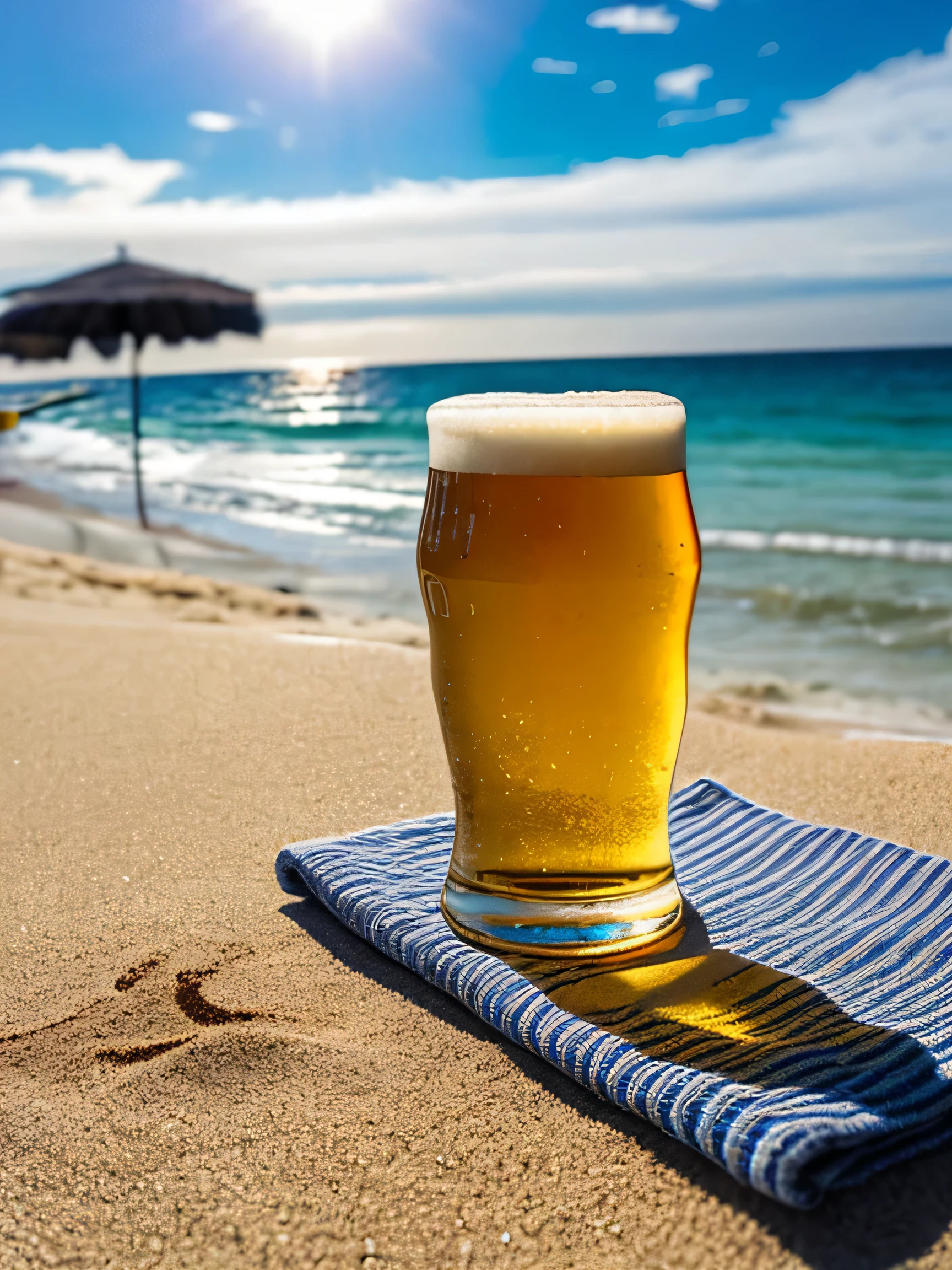 A glass of pilsner beer on a towel spread out on the beach sand. In the background, the sea.