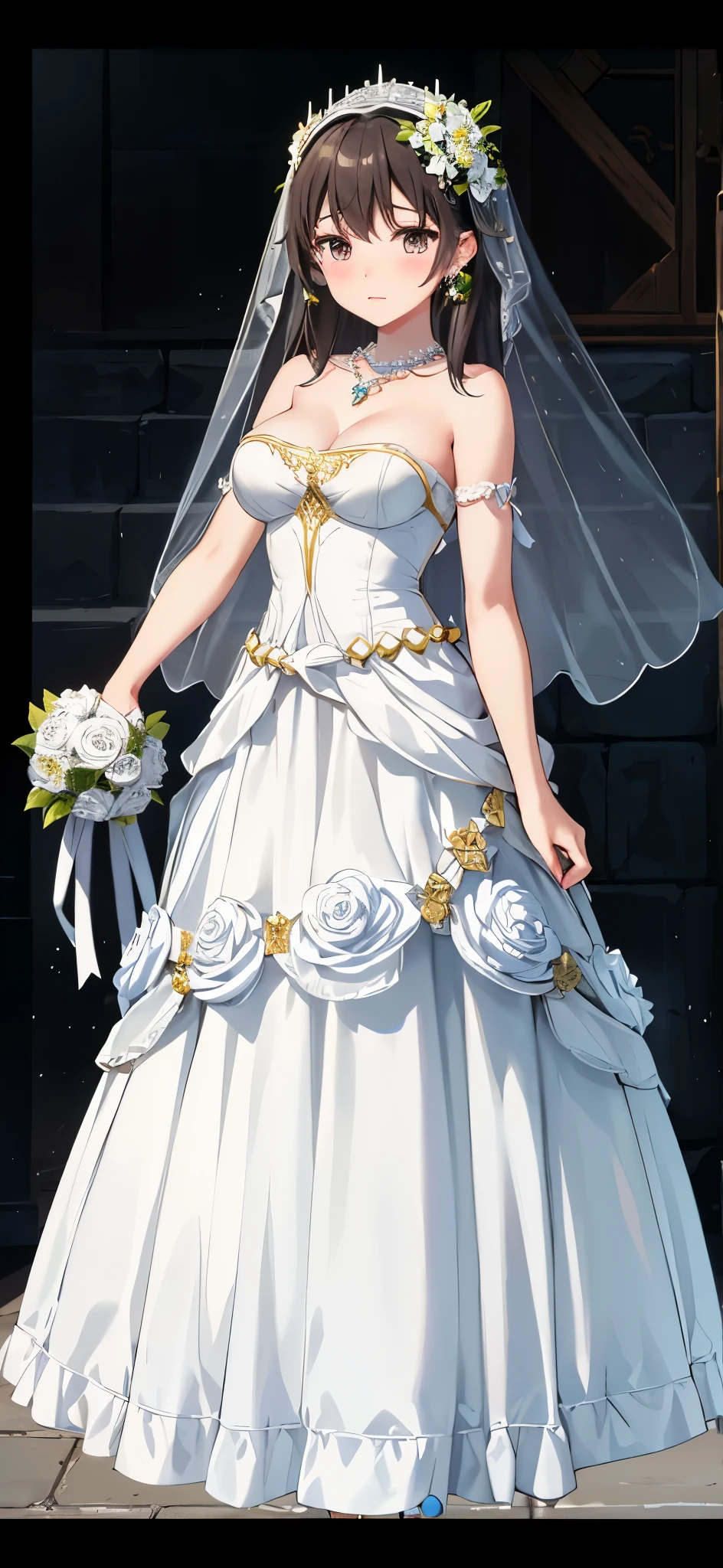 (((Pixel perfect, Perfect details))), alone, 1 girl, Ye Yuelian, looking at the audience, Keep your mouth shut,Best quality), large breasts, delicate face, detailed eyes,Gurwitz,pillory,Head flail,hand flail,flail,(bridal veil:1.5),(short sheer veil:1.5),Blushing face,Head flower,headgear,(Tube top armor long skirt:1.5),pure white dress,necklace,earringangs,lipstick, standing