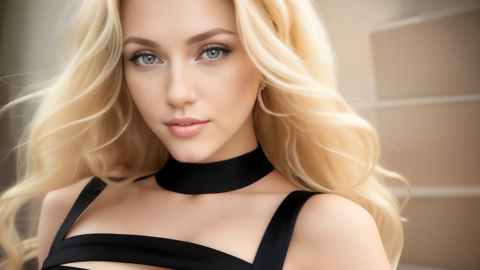 a woman with long blonde curly hair, wearing a black tight dress, high heels, super slim, close up standing, beautiful blonde girl, beautiful blonde woman, blonde and attractive features, anna nikonova aka newmilky, with long blonde hair, long blonde curly hair and large eyes, blonde woman, long blonde hair and blue eyes, realistic