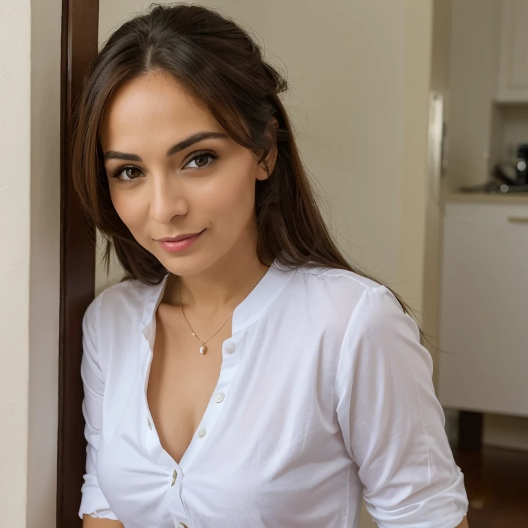 (nsfw)(penis is ejaculating on her breasts)(she's rubbing the tip on her nipples)(hands holding the penis)(handjob)(shaft in her hand)(Blowjob girl)(orgasm face)Curvy short middle-aged asian in silk button up shirt suciing dick, making eye contact,  open shirt, breasts exposed, sticking out breasts, puffed out chest,top less, short curly hair, brown skin, close up, cum on lips
