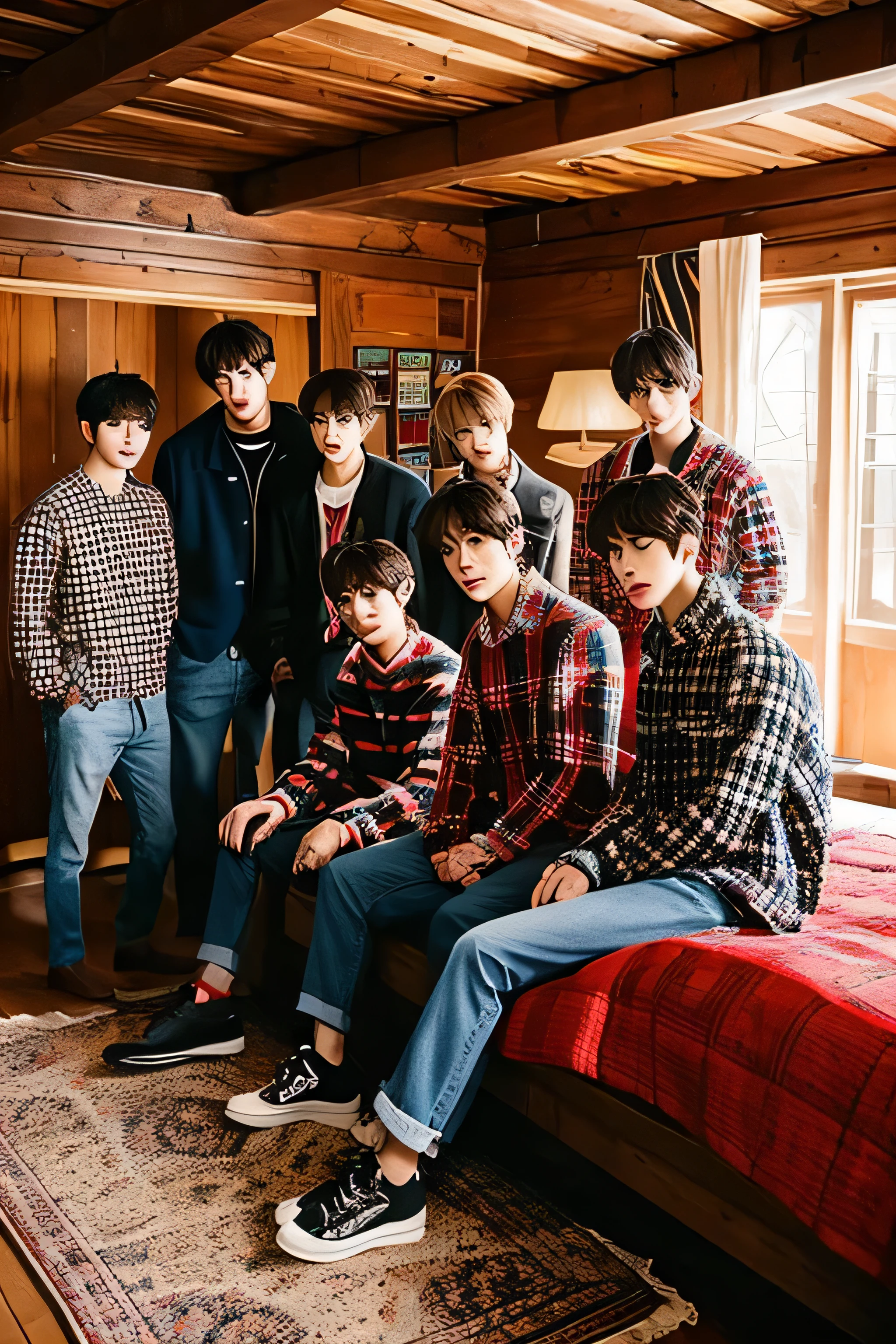 7 young people of oriental descent, BTS members, sitting close together. they are in the room, You can see the wooden ceiling above.. People wearing casual clothes such as jackets and shirts. They appear to be sitting on a bed or similar surface covered with a checkered cloth. The atmosphere is cozy and intimate, these people々may be a friend or family member.