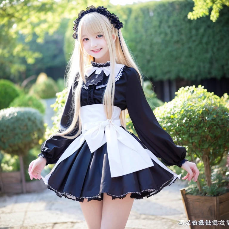 beautiful long blonde hair Slender Beautiful Girl gothic lolita clothes garden blue eyes black panties standing ceremony Beautiful smile White headdress mini skirt hands behind