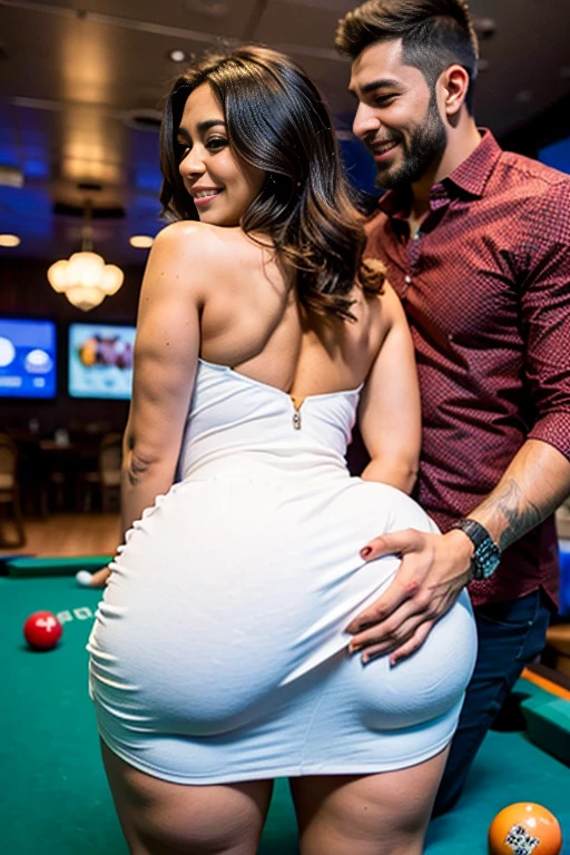 xlteen, fully clothed, sfw, Latina, bbw, voluptuous, a latina woman with wide hips, thick thighs, a huge ass, sexy dress, party setting,  guy and girl are playing Billiards, guy  holding her from behind, guy  grabbing her big ass, guy  groping her ass, she has a smile, guy  squeezing her ass