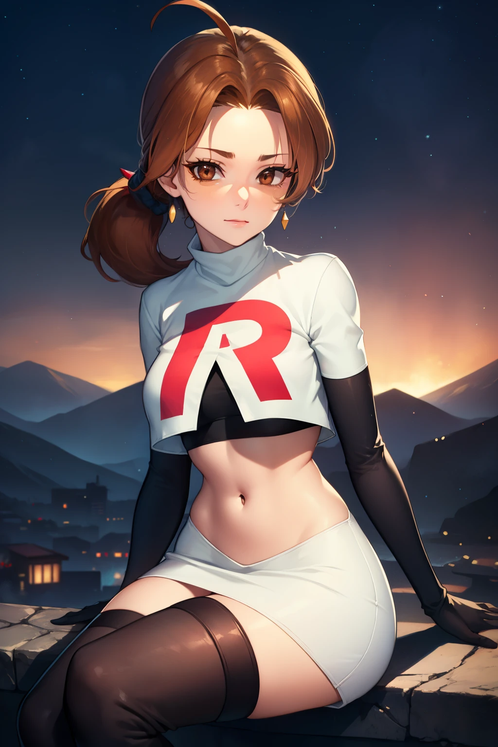 deliaketchum, brown hair, (brown eyes:1.7), parted bangs, (ahoge:1.5), ponytail, low ponytail,glossy lips, light makeup, eye shadow, earrings ,team rocket,team rocket uniform, red letter R, white skirt,white crop top,black thigh-high boots, black elbow gloves, evil sinister evil villianess look, sitting crossed legs, night sky background