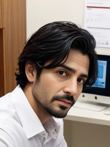 Lebanese man, ugly, short messy black hair with white strands, facial hair, lazy, 40 years old, suits, large nose, surprised, naked, office room, in agony