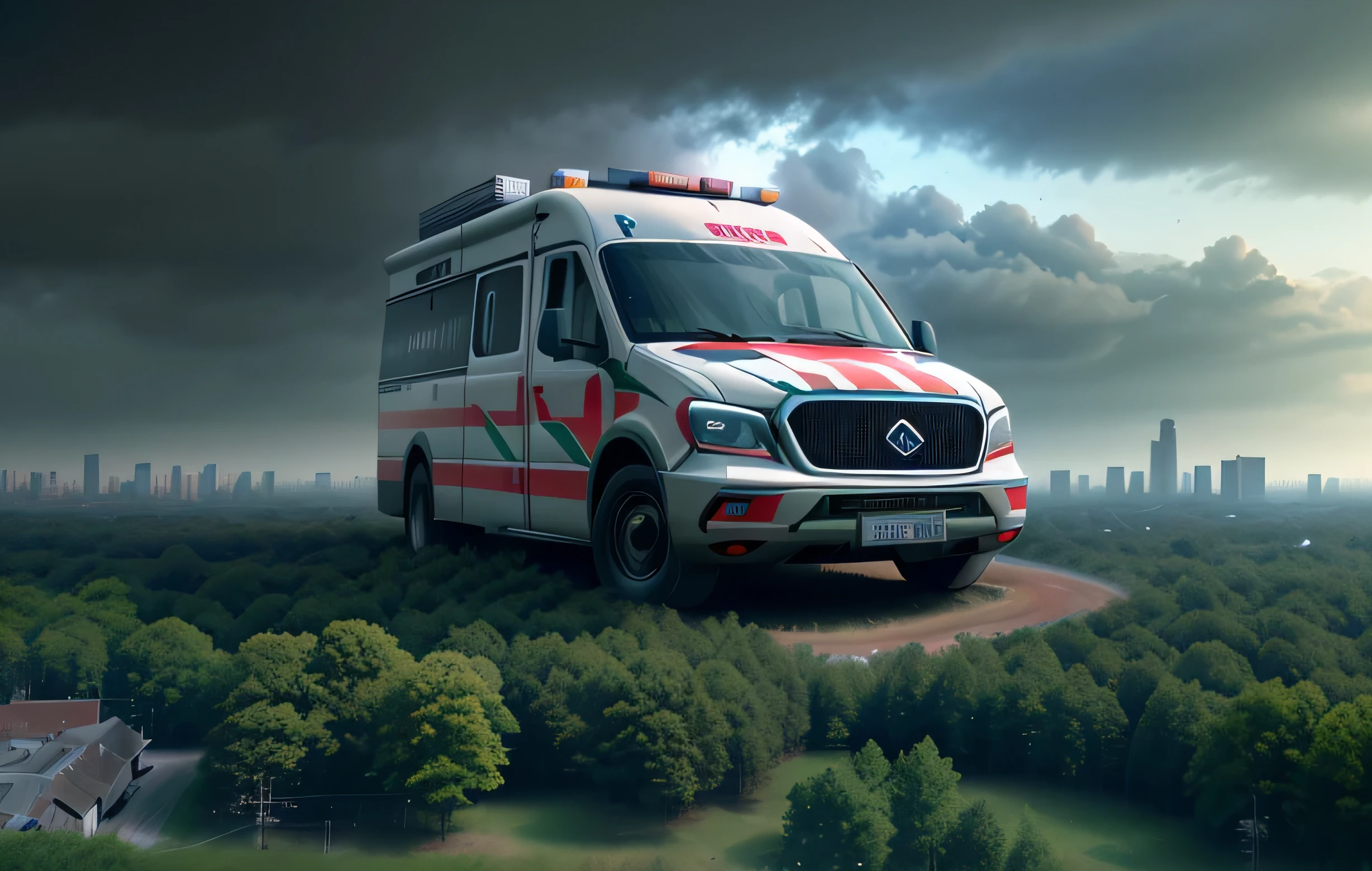 Giant ambulance over a city with forest and buildings, ultra realism, cinematic, photorealism, 8k