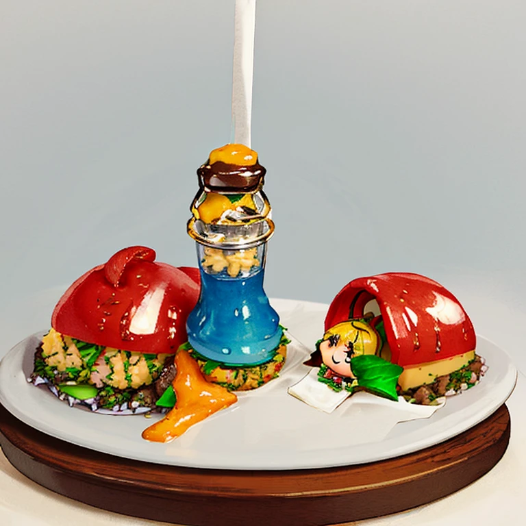 [(White background:1.4)::5],(chibi:1.3),bottom of bottle,lighthouse,seat,platform,(gourmet food:1.8)