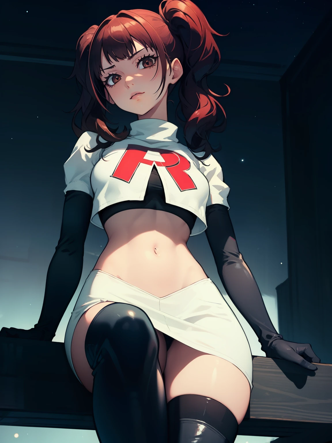 Rise Kujikawa (Persona) ,glossy lips ,team rocket uniform, red letter R, white skirt,white crop top,black thigh-high boots, black elbow gloves, sinister villianess look, looking down on viewer, sitting ,crossed legs, night sky background
