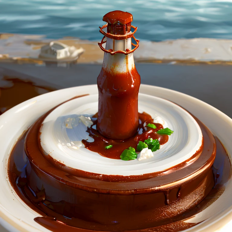 (best quality,4k,8k,highres,masterpiece:1.2),ultra-detailed,(realistic,photorealistic,photo-realistic:1.37),white background,red cliff,base of the bottle,lighthouse,pedestal,platform,delicious food