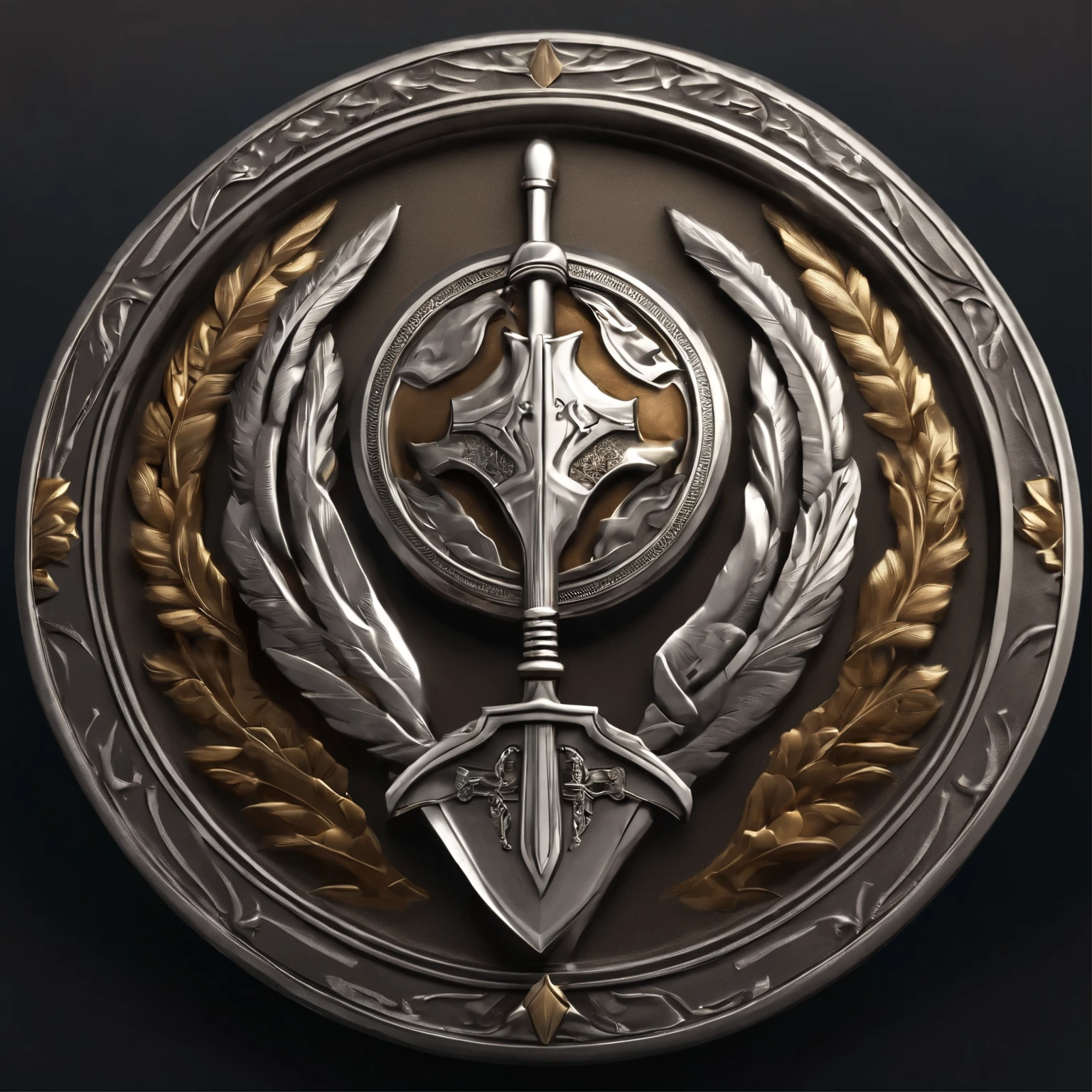(Game achievement badge design),silver medal,Flat 2D effect,Wheat ears,(There a sword in the center of the medal、There an icon at the intersection of a hammer and a wrench)、sword and sorcery