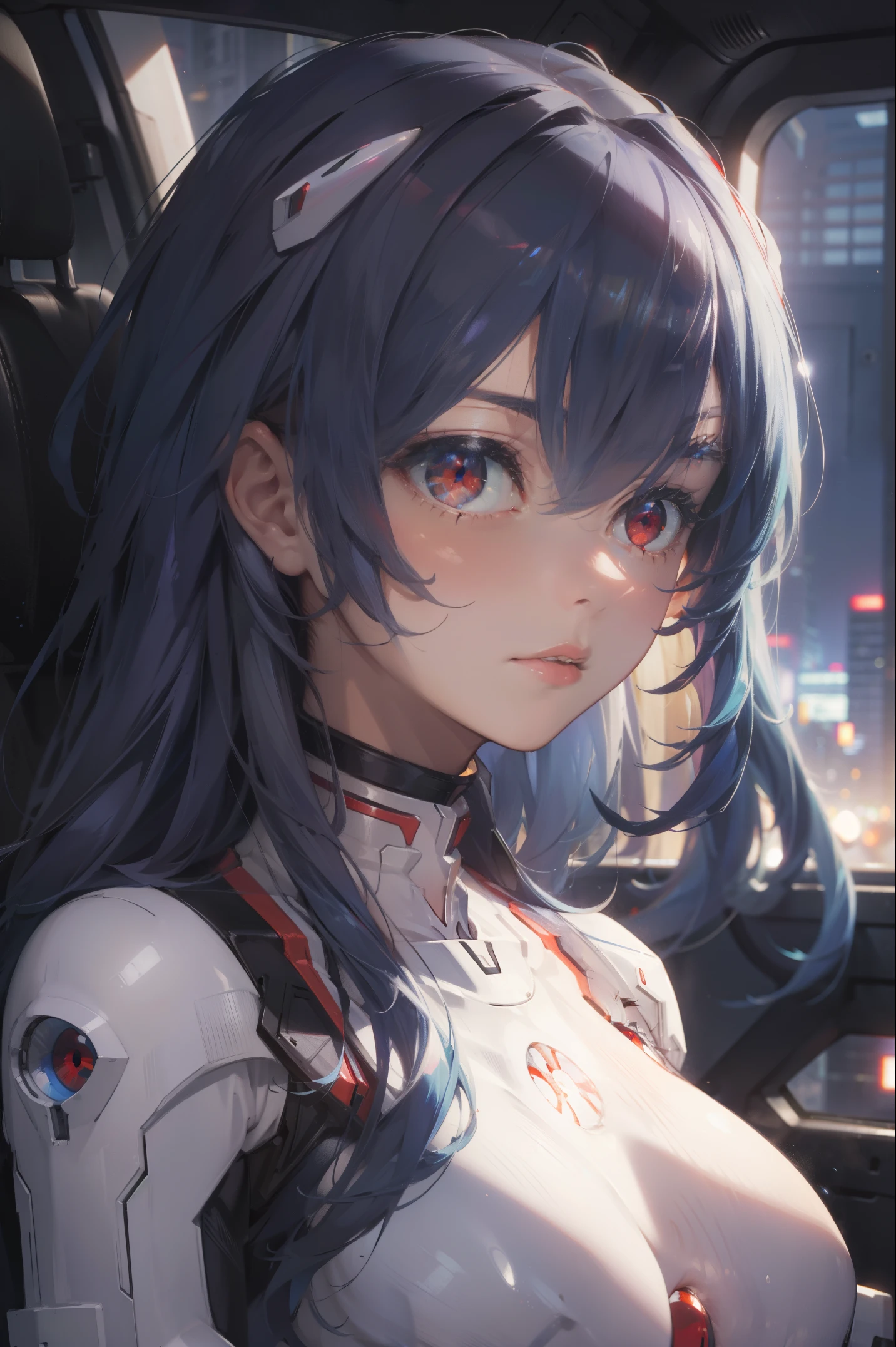 reiayanami, rei ayanami, blue hair, long hair, (red eyes:1.5),
BREAK bodysuit, headgear, plugsuit, white bodysuit,
BREAK outdoors, city,
BREAK looking at viewer, 
BREAK (masterpiece:1.2), best quality, high resolution, unity 8k wallpaper, (illustration:0.8), (beautiful detailed eyes:1.6), extremely detailed face, perfect lighting, extremely detailed CG, (perfect hands, perfect anatomy),