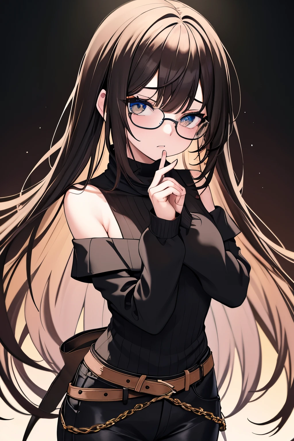 1 chica, alto, ojos negros, Cabello largo, By the chestnut, reflejos del cabello verde, Dark brown sweater, Guantes sin dedos, Pantalones cortos de mezclilla negros, medias negras, pendientes negros, Calcetines negros, gafas redondas amarillas, ojos holgados, cara seria, pechos grandes