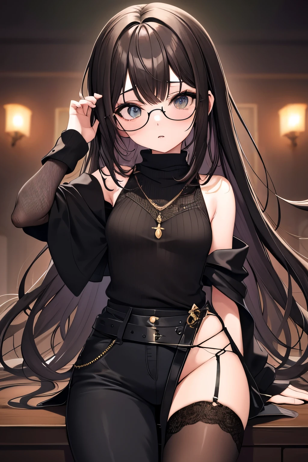 1 chica, alto, ojos negros, Cabello largo, By the chestnut, reflejos del cabello verde, Dark brown sweater, Guantes sin dedos, Pantalones cortos de mezclilla negros, medias negras, pendientes negros, Calcetines negros, gafas redondas amarillas, ojos holgados, cara seria, pechos grandes