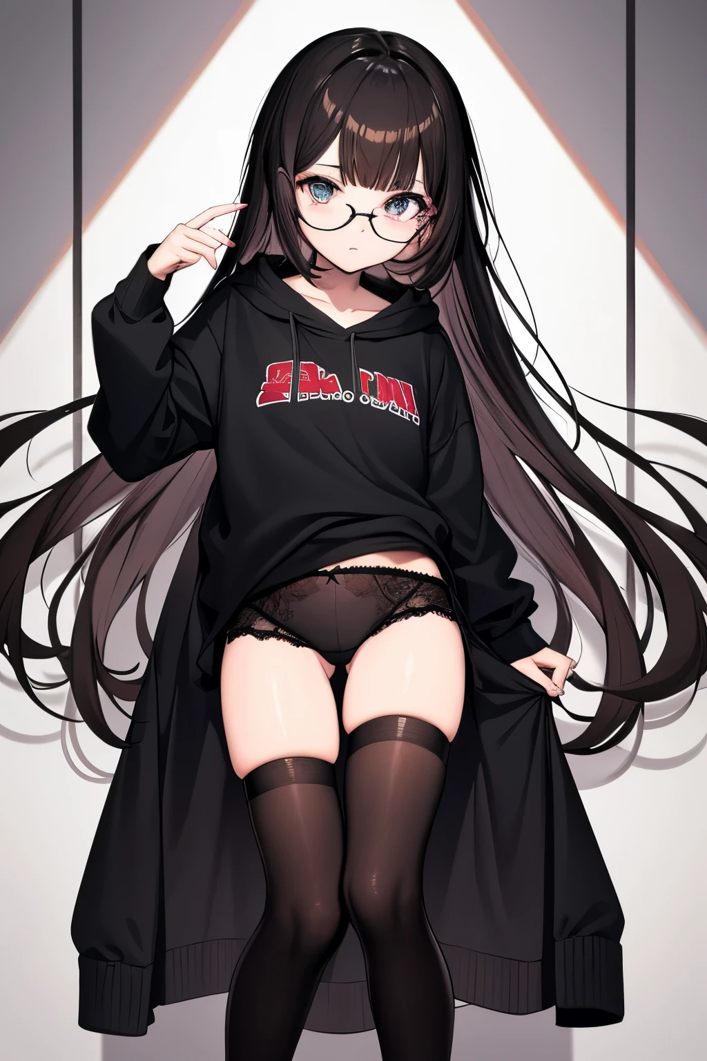 1 chica, alto, ojos negros, Cabello largo, By the chestnut, reflejos del cabello verde, Dark brown sweater, Guantes sin dedos, Pantalones cortos de mezclilla negros, medias negras, pendientes negros, Calcetines negros, gafas redondas amarillas, ojos holgados, cara seria, pechos grandes