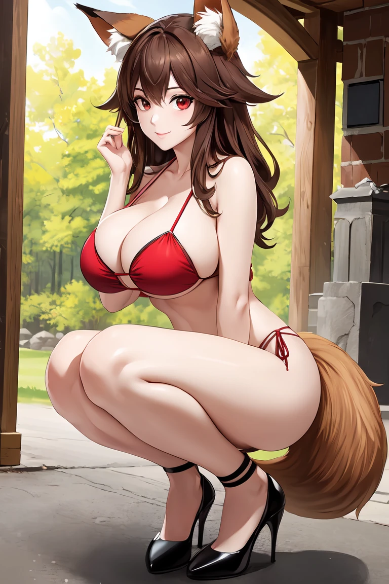 (best quality,Unparalleled masterpiece:1.4),Ultra-detailed CG 4K,brown hair，red eyes，There are fox ears on the head， Loose bikini，High heel，huge，rendering，huge，squat on the ground