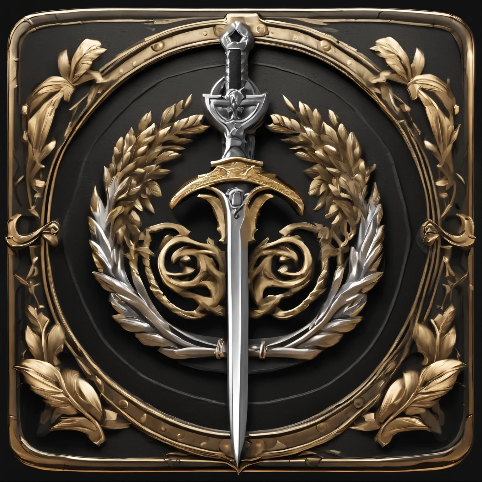(Game achievement badge design),silver medal,Flat 2D effect,Wheat ears,(There a sword in the center of the medal、There an icon at the intersection of a hammer and a wrench)、sword and sorcery