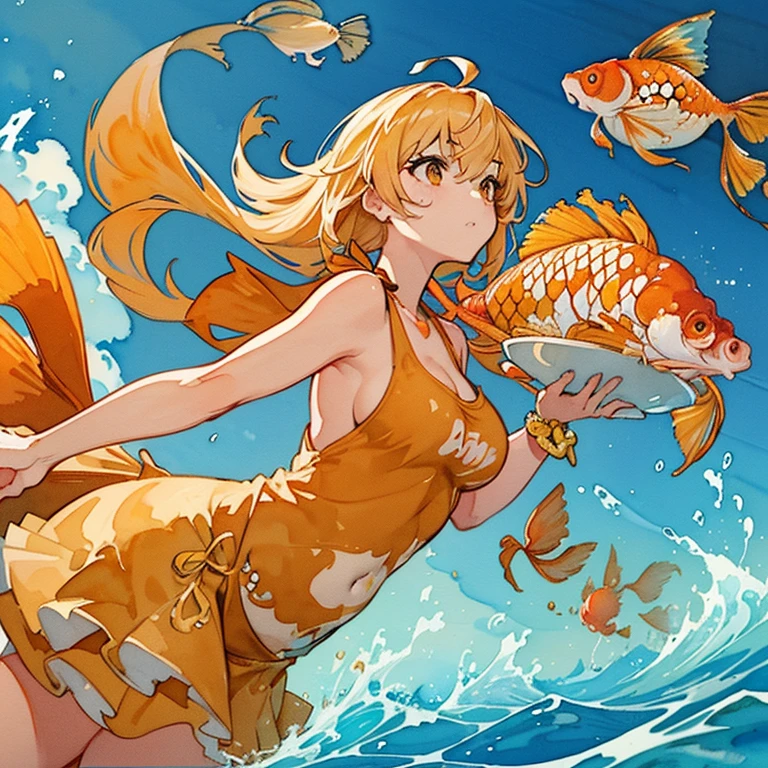 A bar girl is floating with a large group of diffused cornflakes..、amazing dynamism、amazing angle、Unstable buoyancy sandstorm、(((A lot of friendly big carp floats and I chase them.)))、(((surround each other'watercolor goldfish)))