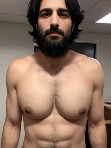 Lebanese man, ugly, short messy black hair with white strands, facial hair, lazy, 40 years old, large nose, surprised, naked, office room, in agony, dim lights, growing breasts, transforming into a lady