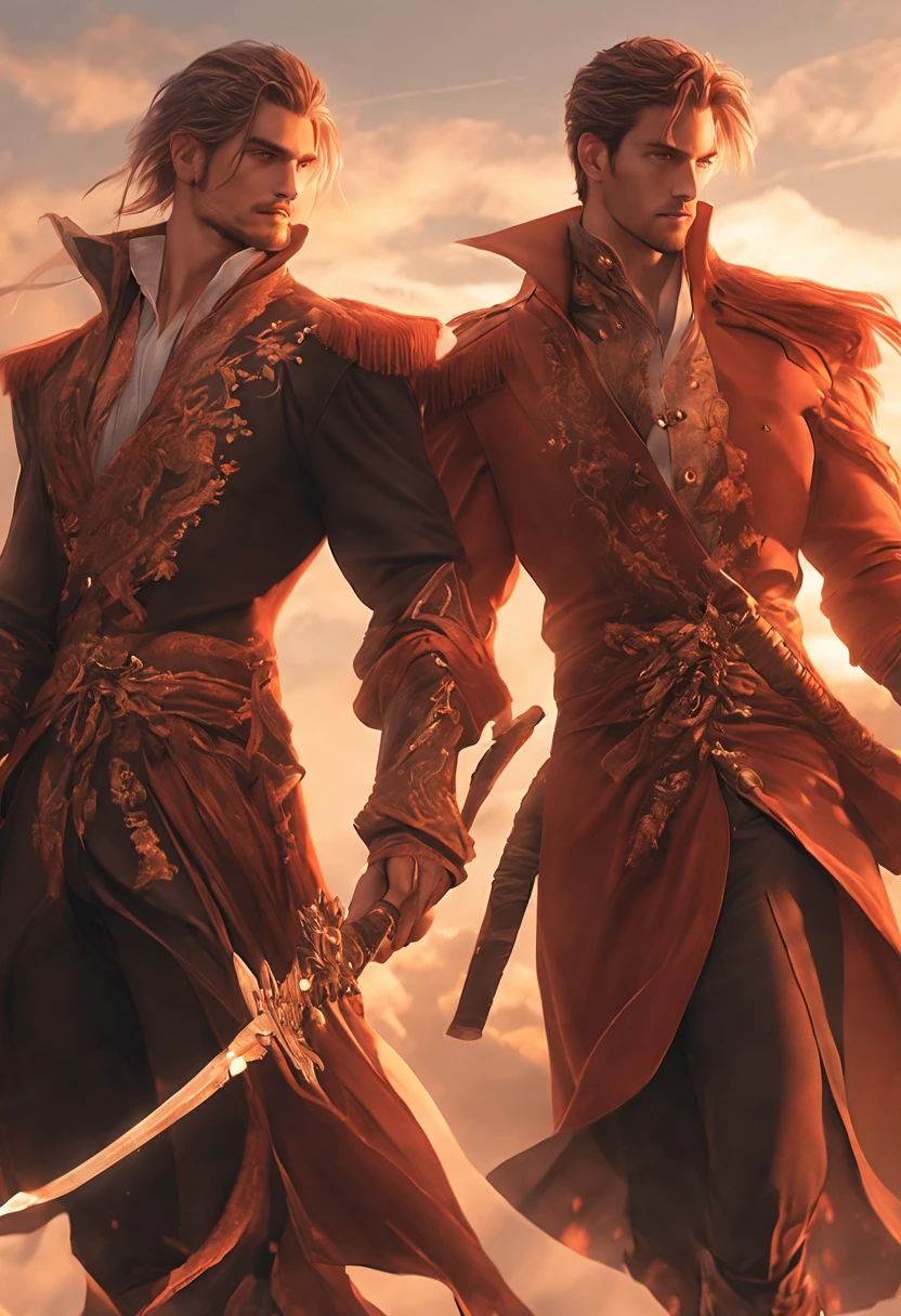 holiday, sky, ((Two handsome men)), weapon, fantasy clothing, Interaction, detailed face