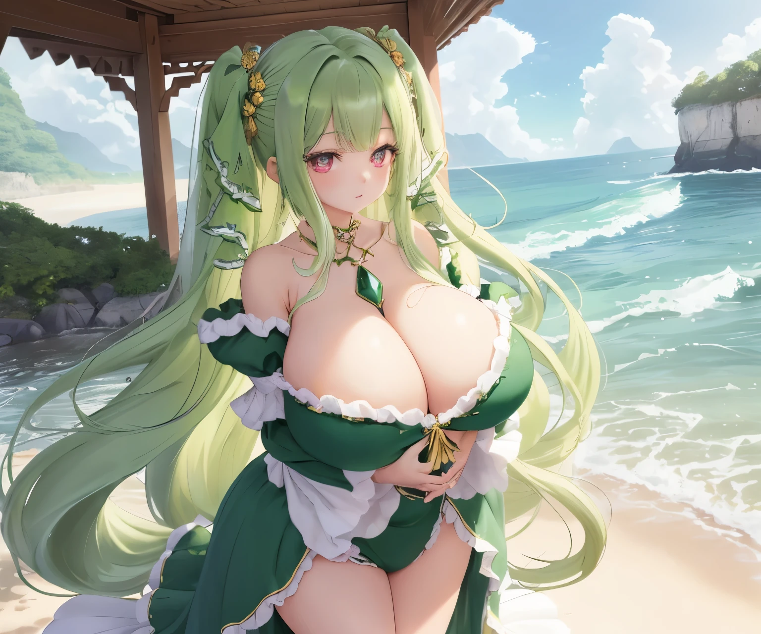 exudes an aura of sweetness and playfulness. Her silky green hair falls in gentle waves around her delicate features—the perfect complement to her big, expressive sapphire red eyes that reflect innocence and mischief , cute  , huge boobs , very huge and big boobs , full body , standing