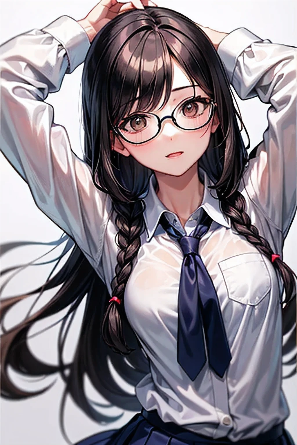 Top quality, one beautiful woman, 20 years old, dark brown eyes, ((wearing school uniform)), arms up, 35mm lens, f/1, cowboy shot, (white background: 1.3), on bed, glasses, braids, black hair, pale skin, small chest, slendar body