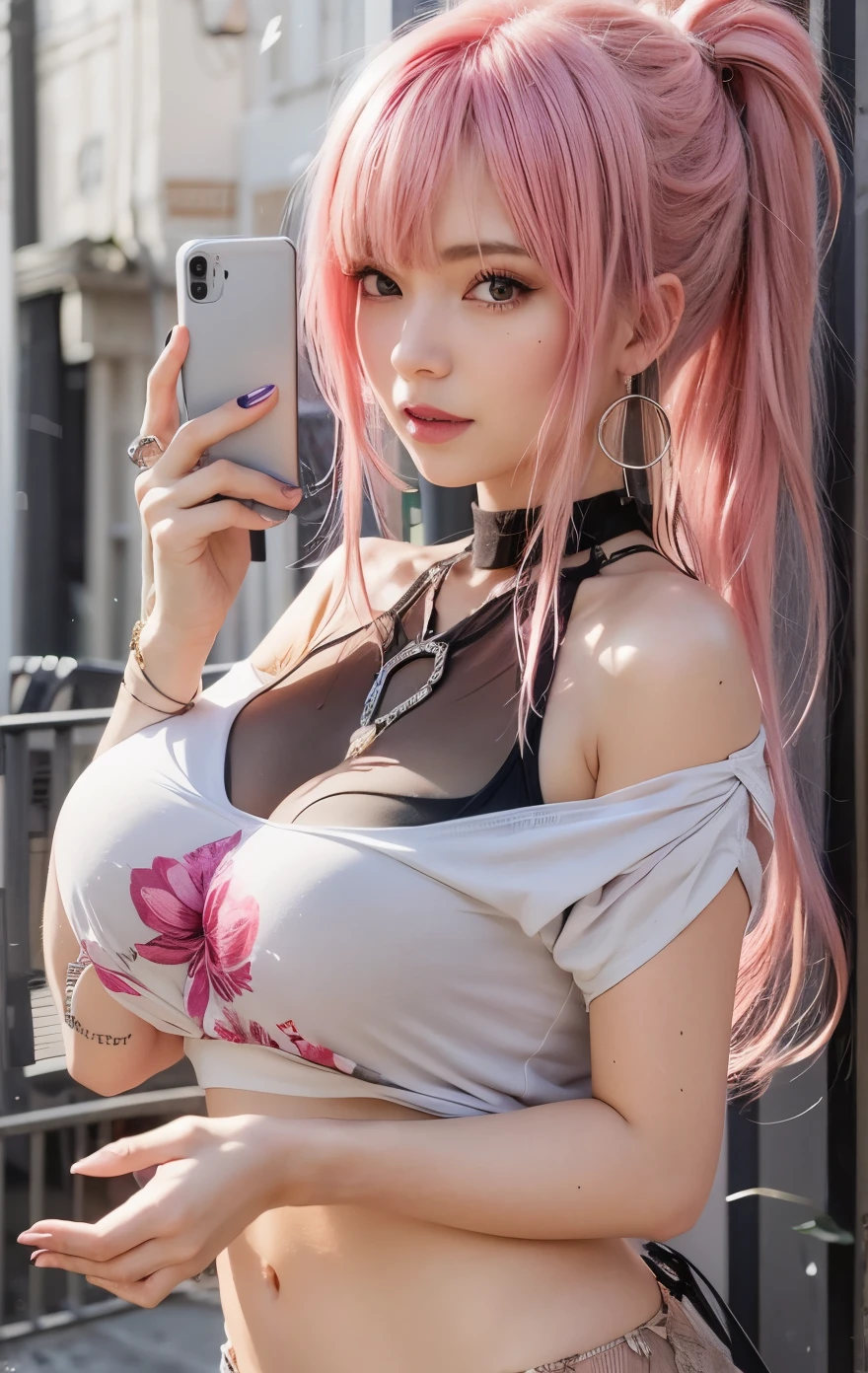 beautiful girl with pink hair and a black top holding a cell phone, realistic