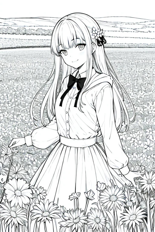 masterpiece, best quality, 1 girl, alone, long_hair, watching_exist_audience, Smile, Bangs, skirt, shirt, long_sleeve, hexist, skirt, bow, Keep, closure_Mouth, flower, decorate, hair_flower, flower瓣, flower束, Keep_flower, center_decorate, hood, Keep_flower束, flower field, flower field, line art, monochrome,
