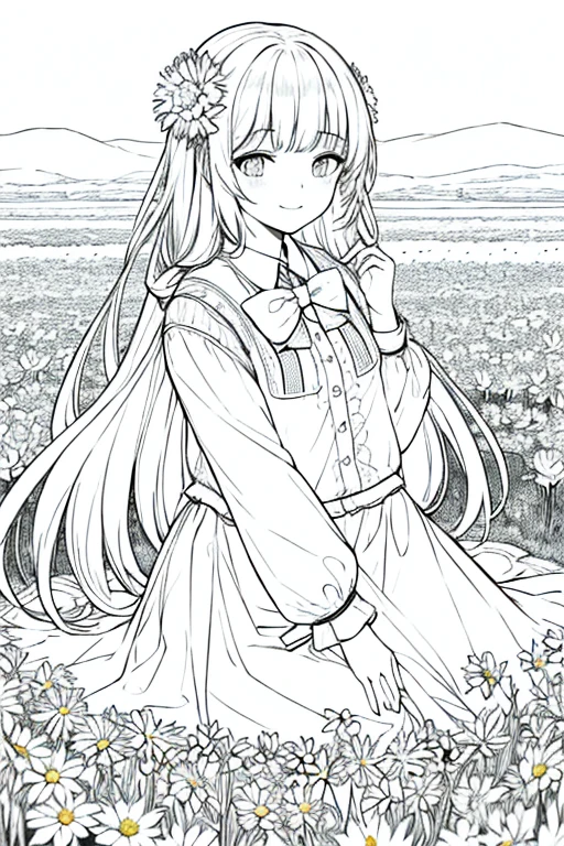 masterpiece, best quality, 1 girl, alone, long_hair, watching_exist_audience, Smile, Bangs, skirt, shirt, long_sleeve, hexist, skirt, bow, Keep, closure_Mouth, flower, decorate, hair_flower, flower瓣, flower束, Keep_flower, center_decorate, hood, Keep_flower束, flower field, flower field, line art, monochrome,