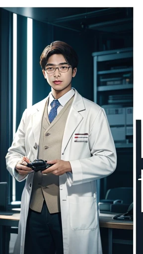 person wearing a white coat、solo、There are researchers、there are scientists、graduate School、highest quality、masterpiece、Super high resolution、(photoreal:1.4)、game poster