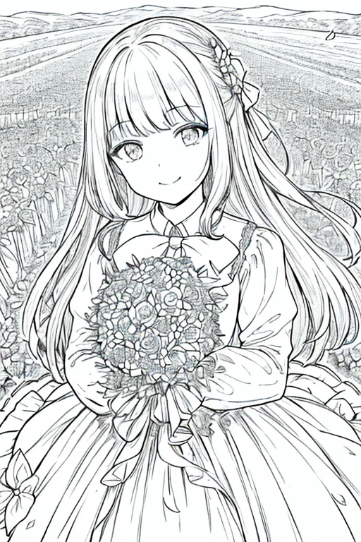 (best quality,1 girl,detailed,long hair,looking at the audience,smiling,bangs,dress,shirt,long sleeves,hands in the dress,bow,keep mouth closed,flowers,decorative,hair flower,petals,bouquet,holding flowers,centerpiece decoration,carrying bouquet,flower field,line art,monochrome)