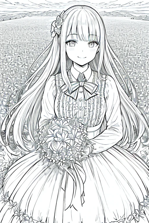 (best quality,1 girl,detailed,long hair,looking at the audience,smiling,bangs,dress,shirt,long sleeves,hands in the dress,bow,keep mouth closed,flowers,decorative,hair flower,petals,bouquet,holding flowers,centerpiece decoration,carrying bouquet,flower field,line art,monochrome)
