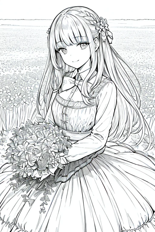 (best quality,1 girl,detailed,long hair,looking at the audience,smiling,bangs,dress,shirt,long sleeves,hands in the dress,bow,keep mouth closed,flowers,decorative,hair flower,petals,bouquet,holding flowers,centerpiece decoration,carrying bouquet,flower field,line art,monochrome)