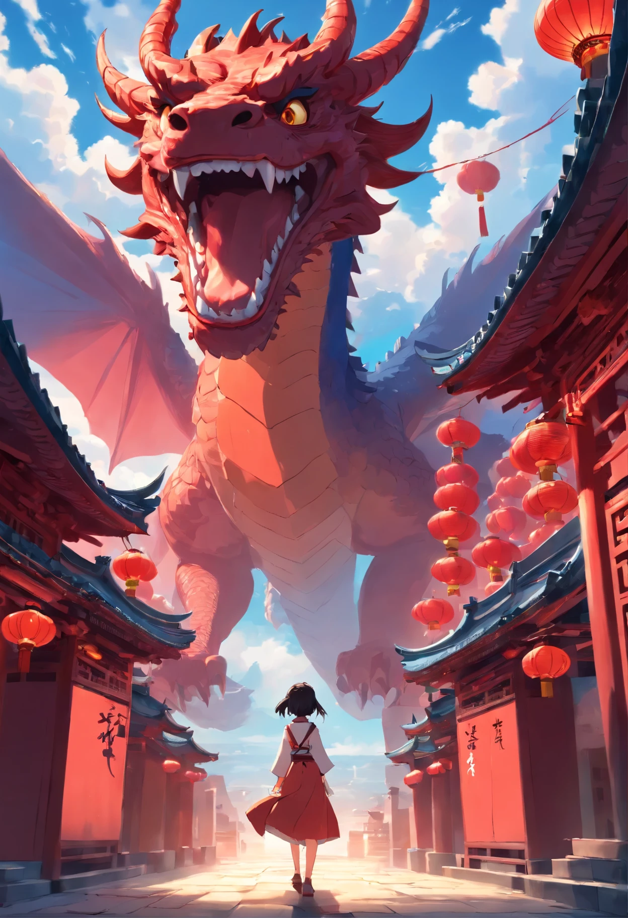 (guiguai),A woman stands in front of a strong dragon,view the viewer,Dragon,wing,Red lanterns,Silhouette,(Chinese-style architecture:1.2),translucent soul,Army,waterfallr,Skeleton,Cloud,teeth,Cloudy sky,Transparent,luminous,Red theme,Monster,atmospheric reentry,